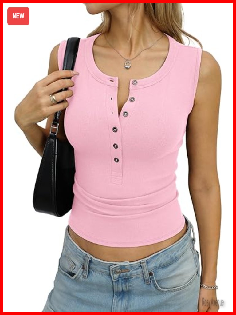 Ribbed Cotton Henley Tank Top Button Down Crewneck Sleeveless Summer Top